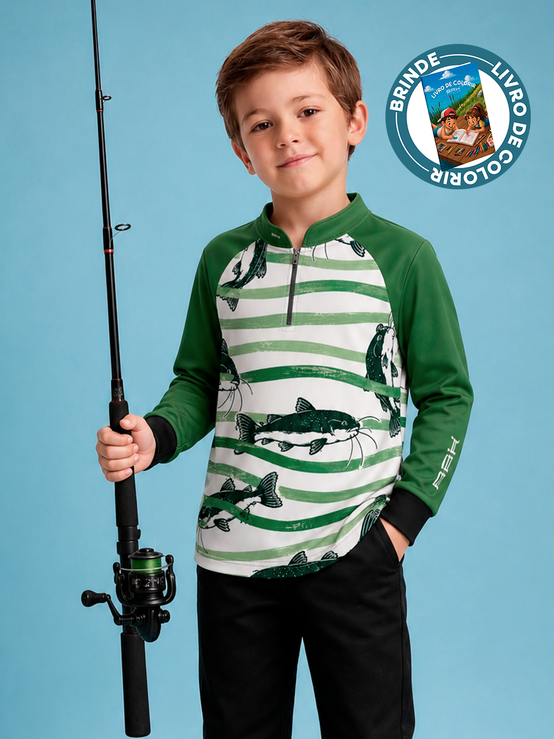 Camisa Infantil Brk Peixe Verde com Listras com Proteção UV50+