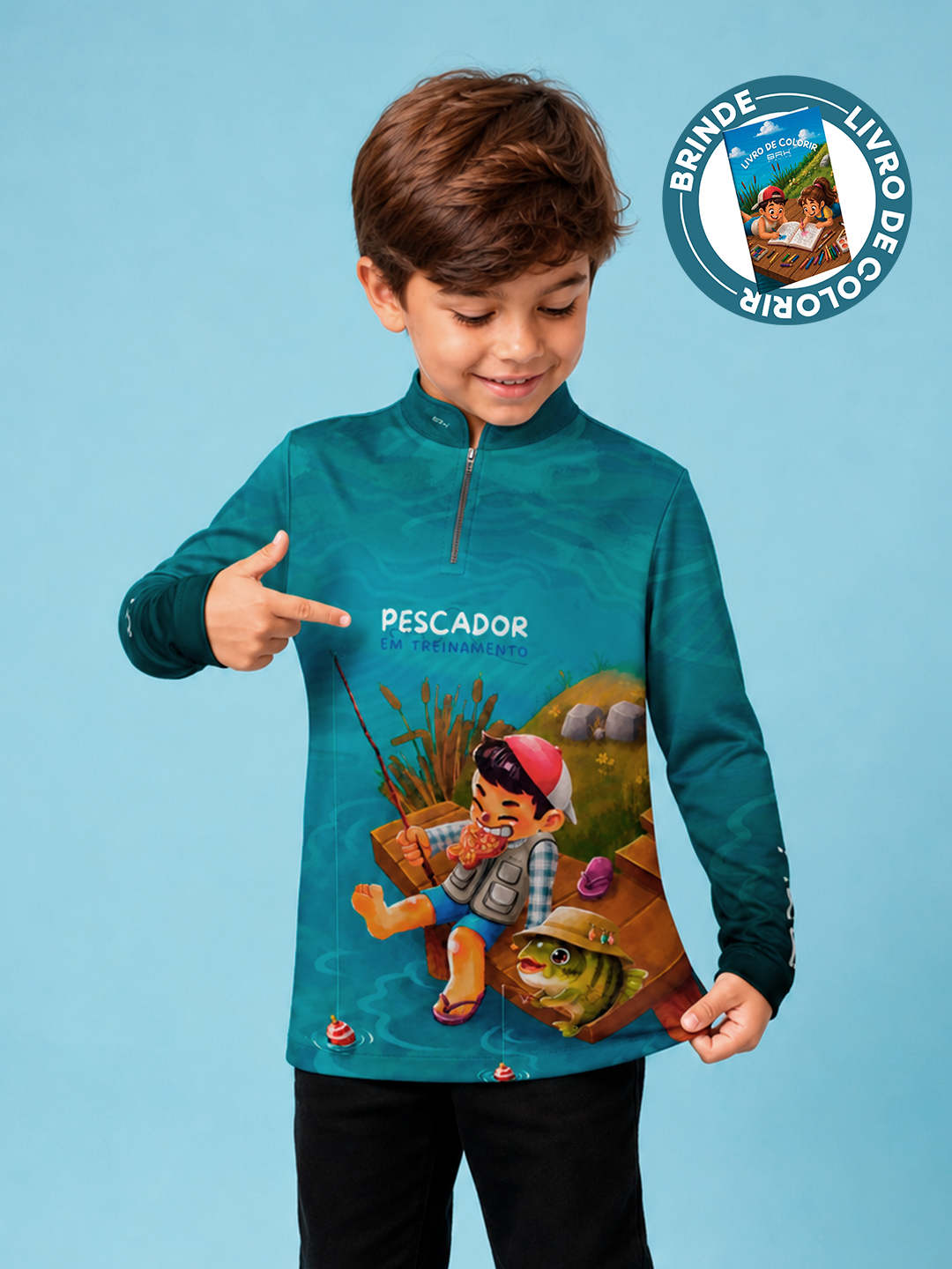 Camisa Infantil Brk Pescador em Treinamento Azul Ciano com Proteção UV50+