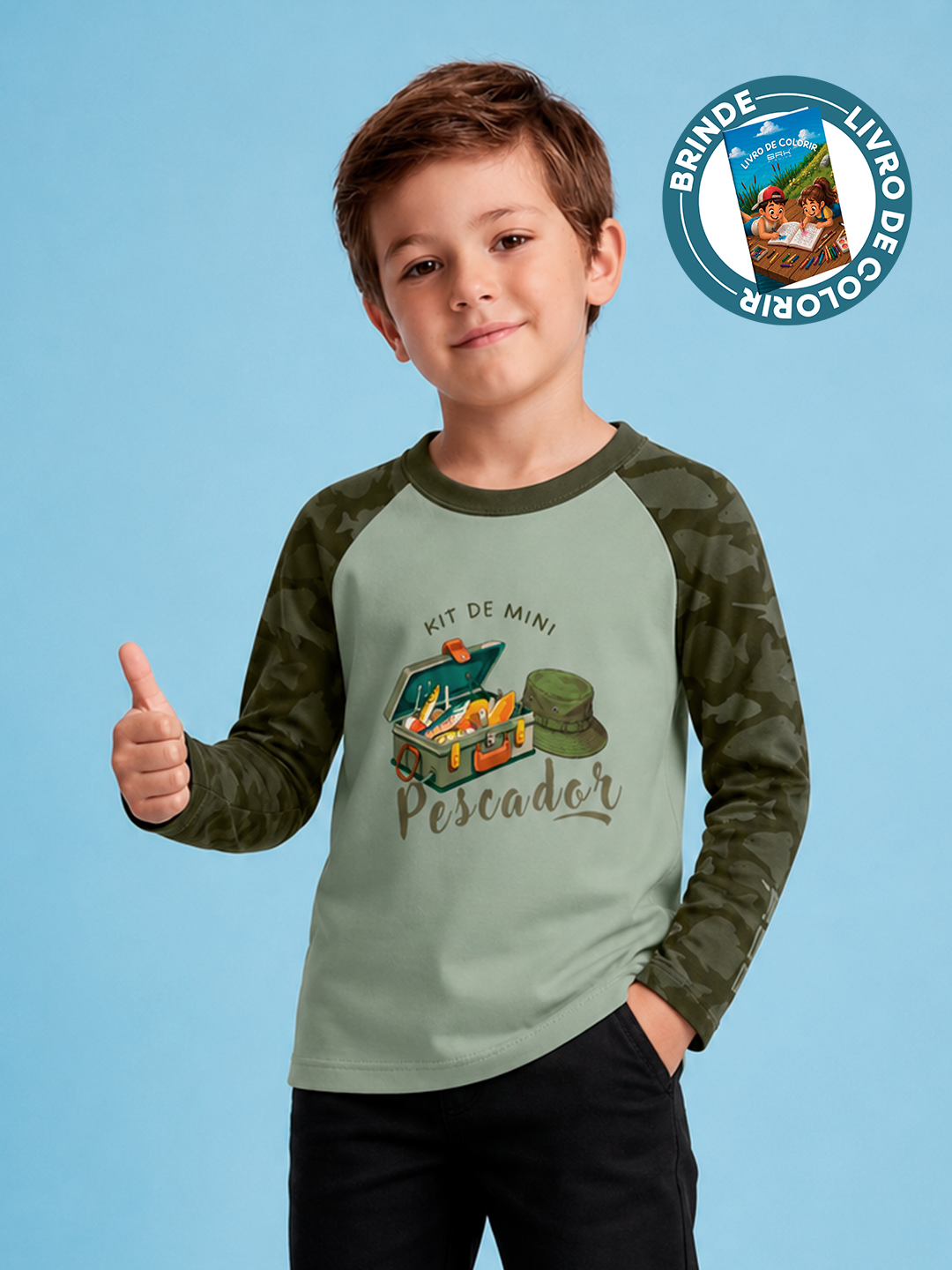 Camisa Infantil Brk Kit de Mini Pescador Camuflado Verde com Proteção UV50+