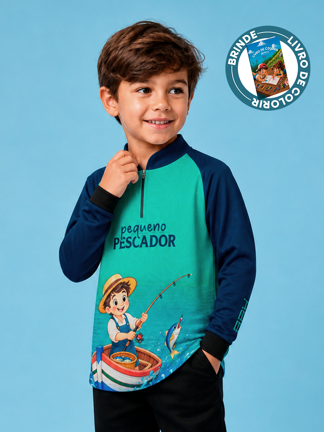Camisa Infantil Brk Pequeno Pescador Azul Escuro e Ciano com Proteção UV50+