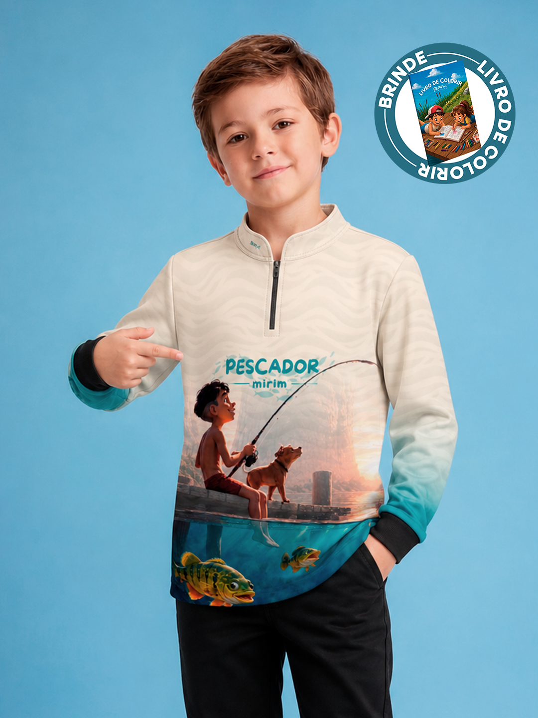 Camisa Infantil Brk Pescador Mirim Creme e Azul com Proteção UV50+