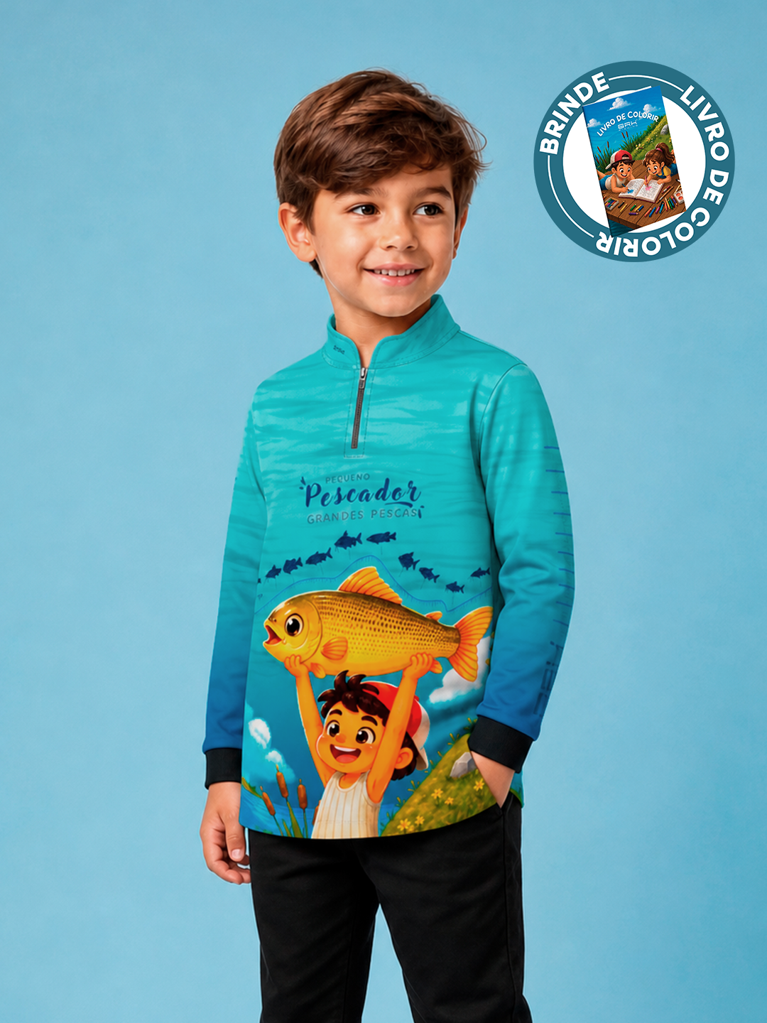 Camisa Infantil Brk Pequeno Pescador Grandes Pescas Degradê Azul com Proteção UV50+