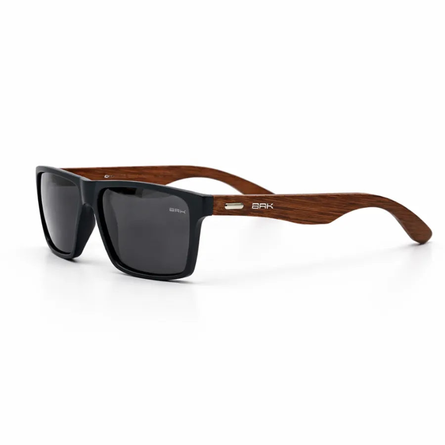 Óculos de Sol Brk Quadrado Preto com Haste em Madeira e Lente Polarizada Fumê UV400