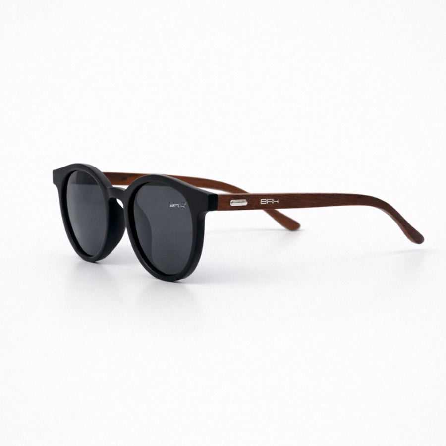 Óculos de Sol Brk Arredondado com Haste Amadeirada e Lente Polarizada Fumê UV400