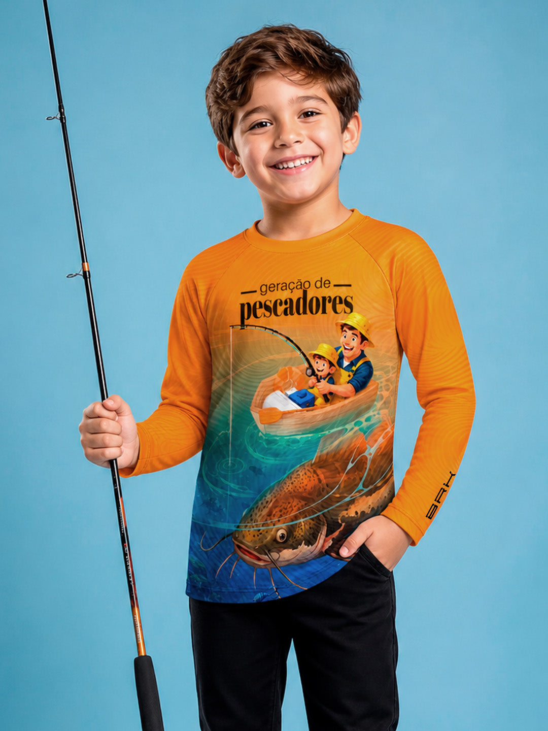 Camisa Infantil Geração de Pescadores Laranja com Proteção UV50+