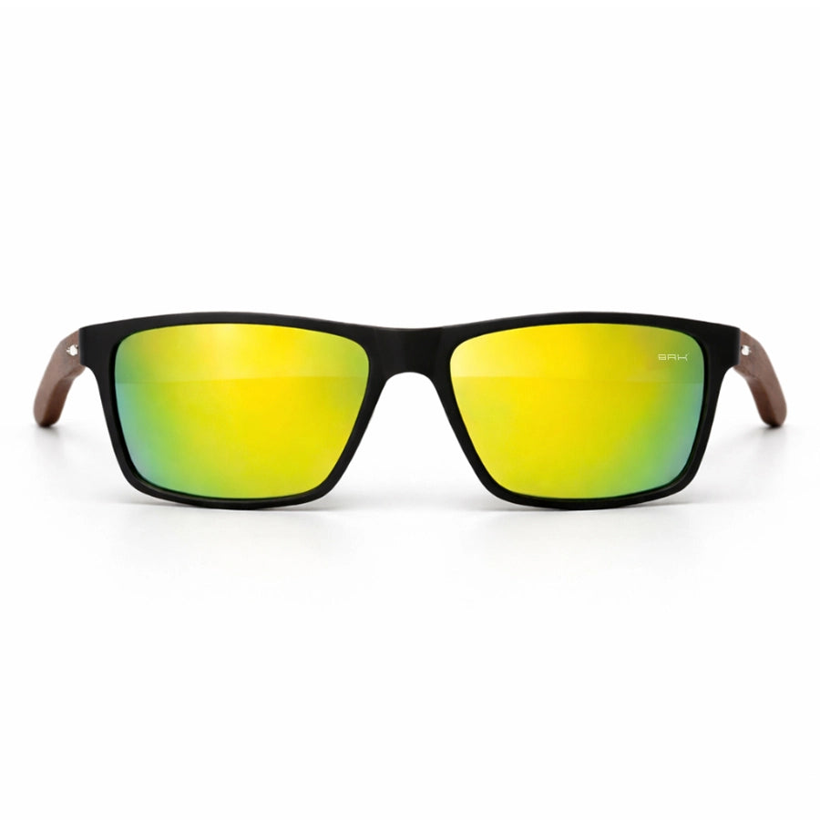 Óculos de Sol Brk Quadrado com Haste Amadeirada e Lente Polarizada Espelhada Amarela UV400