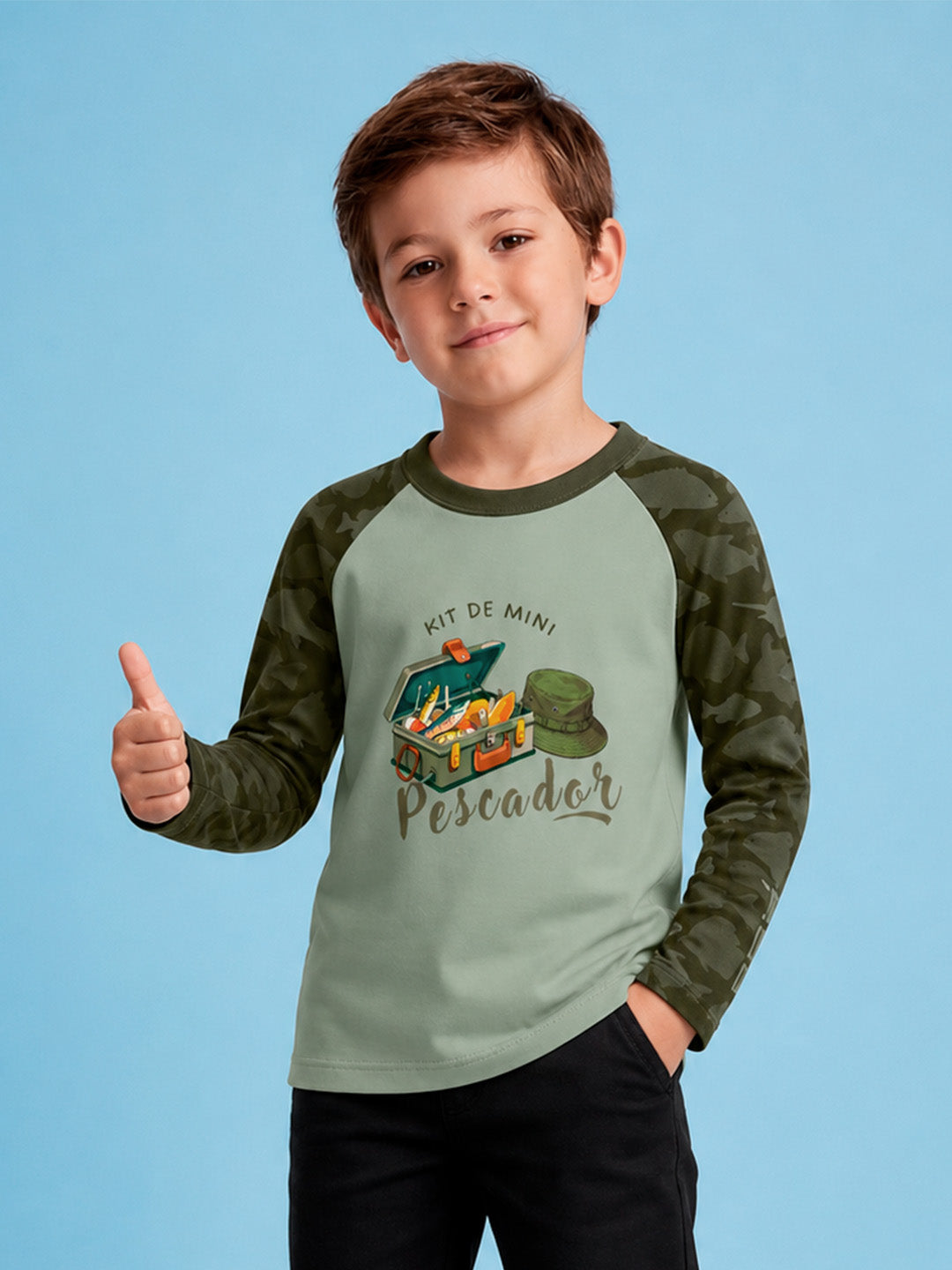 Camisa Infantil Kit de Mini Pescador Camuflado Verde com Proteção UV50+