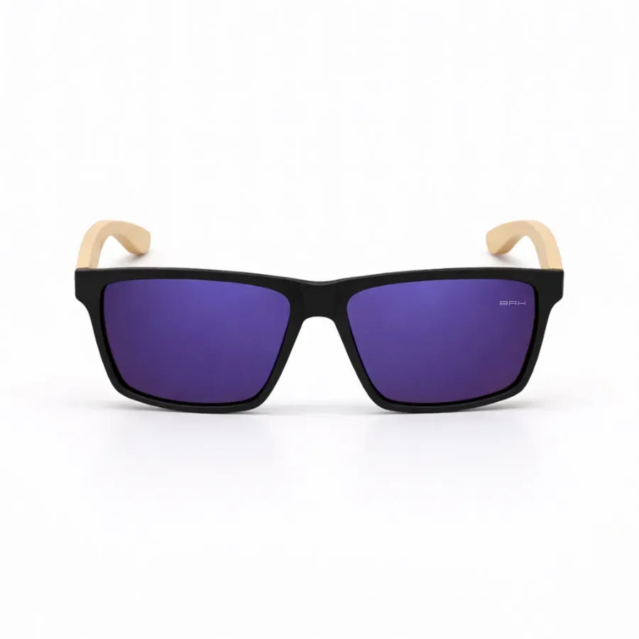 Óculos de Sol Brk Quadrado Preto com Haste em Bambu e Lente Polarizada Roxa Espelhada UV400