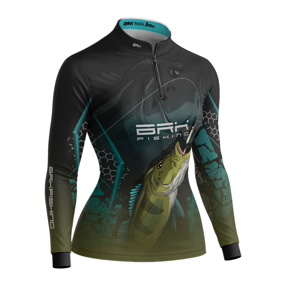 Camisa Feminina de Pesca Azul e Preta Brk Tucunaré Azul com UV50+