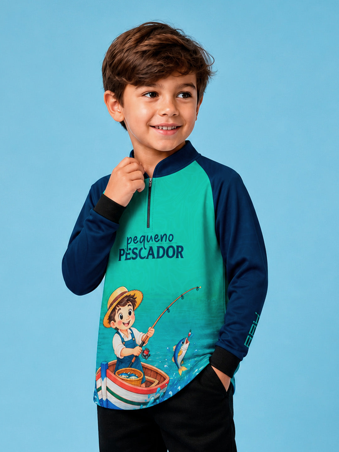 Camisa Infantil Pequeno Pescador Azul Escuro e Ciano com Proteção UV50+