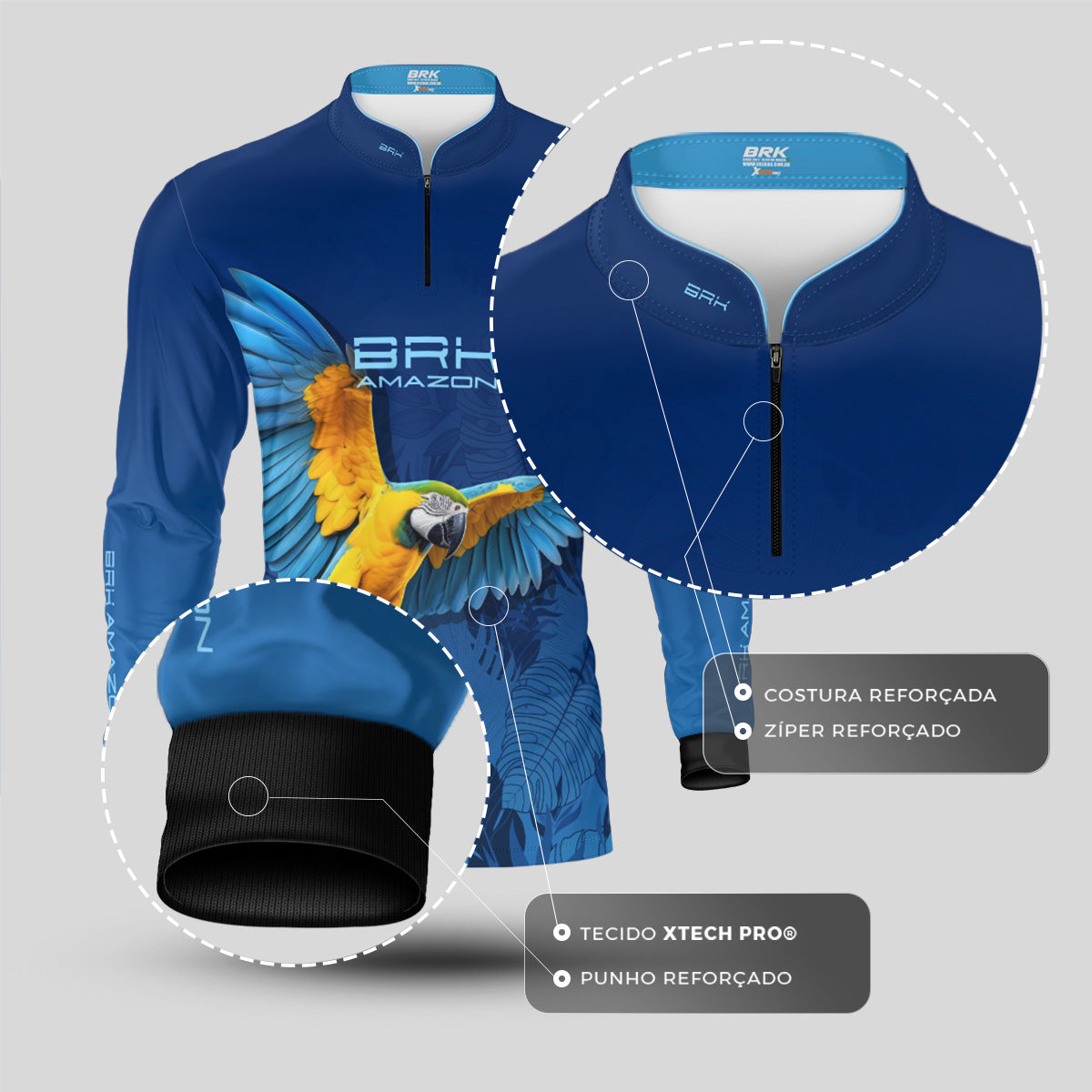 Camisa de Pesca Brk Amazon Arara Azul com Proteção UV50 Brk Fishing