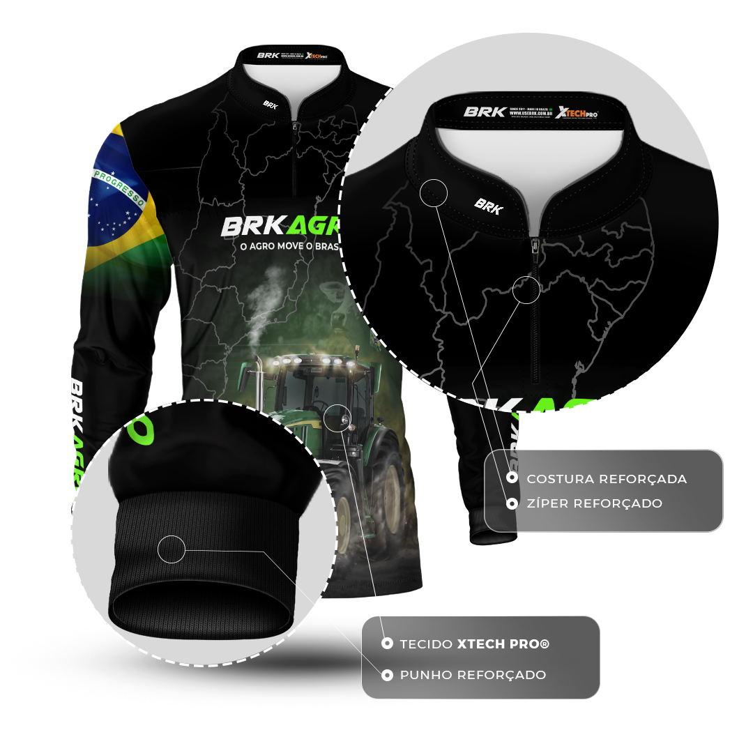 Camisa Agro Brk Preta O Agro Move o Brasil Trator com Proteção Solar UV50+