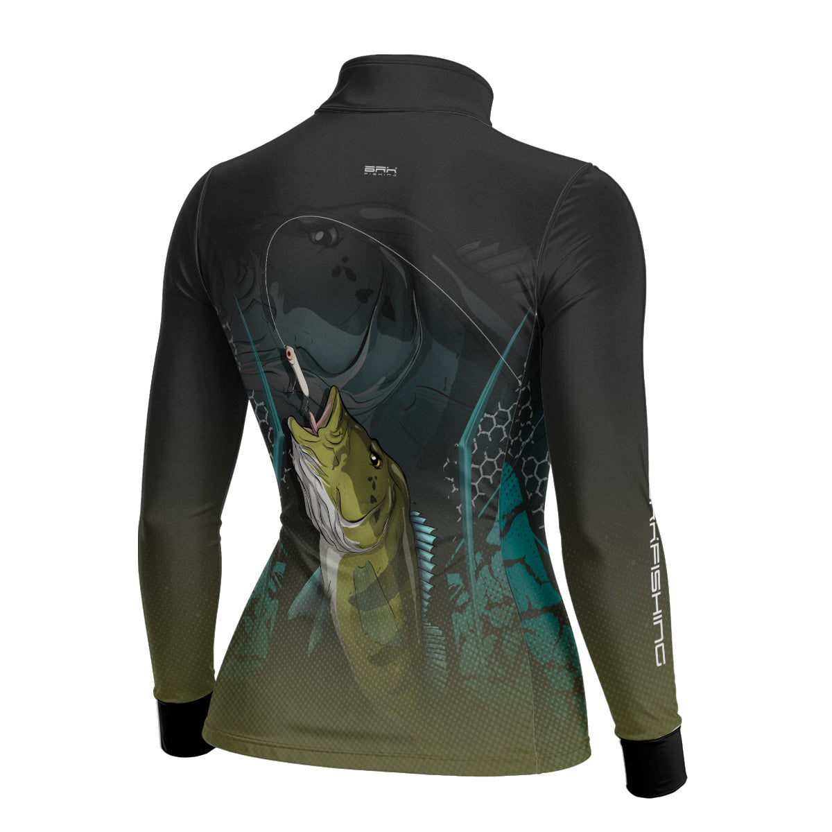 Camisa Feminina de Pesca Azul e Preta Brk Tucunaré Azul com UV50+