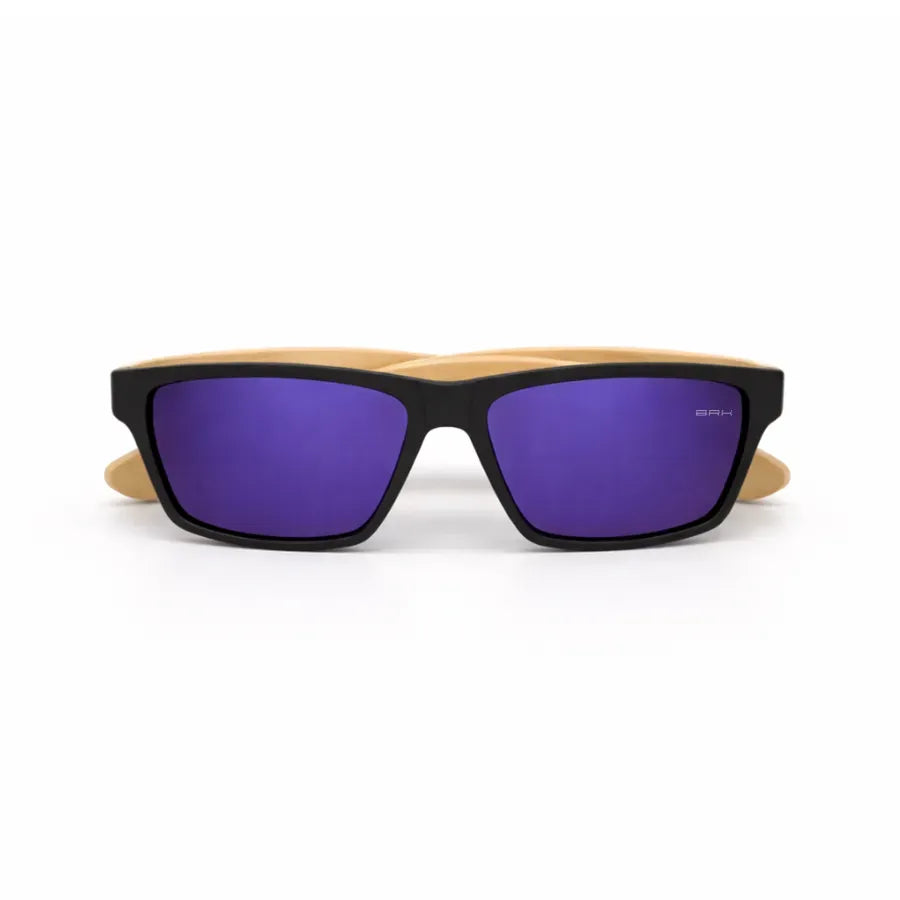 Óculos de Sol Brk Quadrado Preto com Haste em Bambu e Lente Polarizada Roxa Espelhada UV400