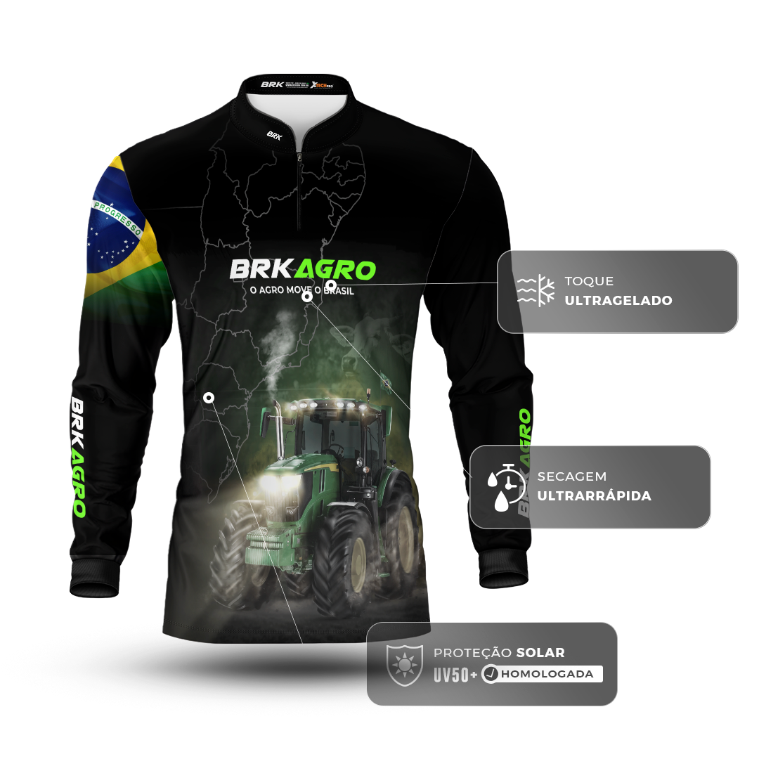 Camisa Agro Brk Preta O Agro Move o Brasil Trator com Proteção Solar UV50+