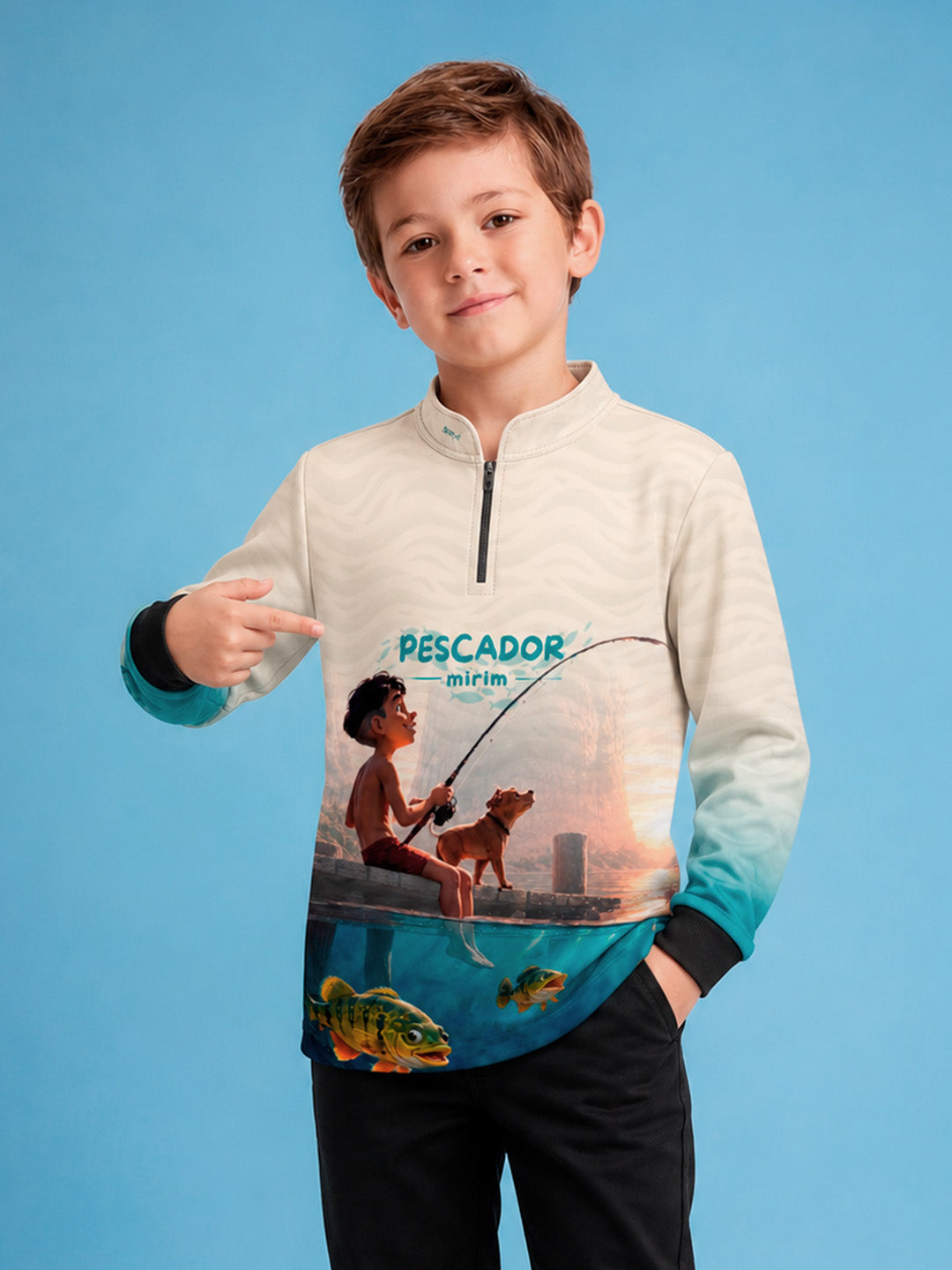 Camisa Infantil Pescador Mirim Creme e Azul com Proteção UV50+