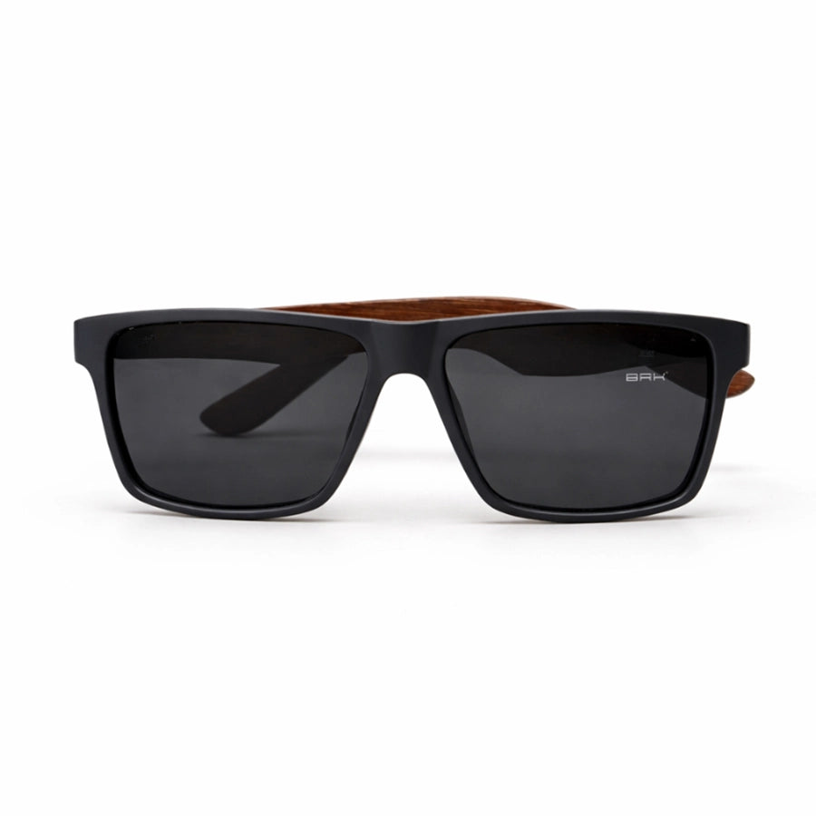 Óculos de Sol Brk Quadrado Preto com Haste em Madeira e Lente Polarizada Fumê UV400
