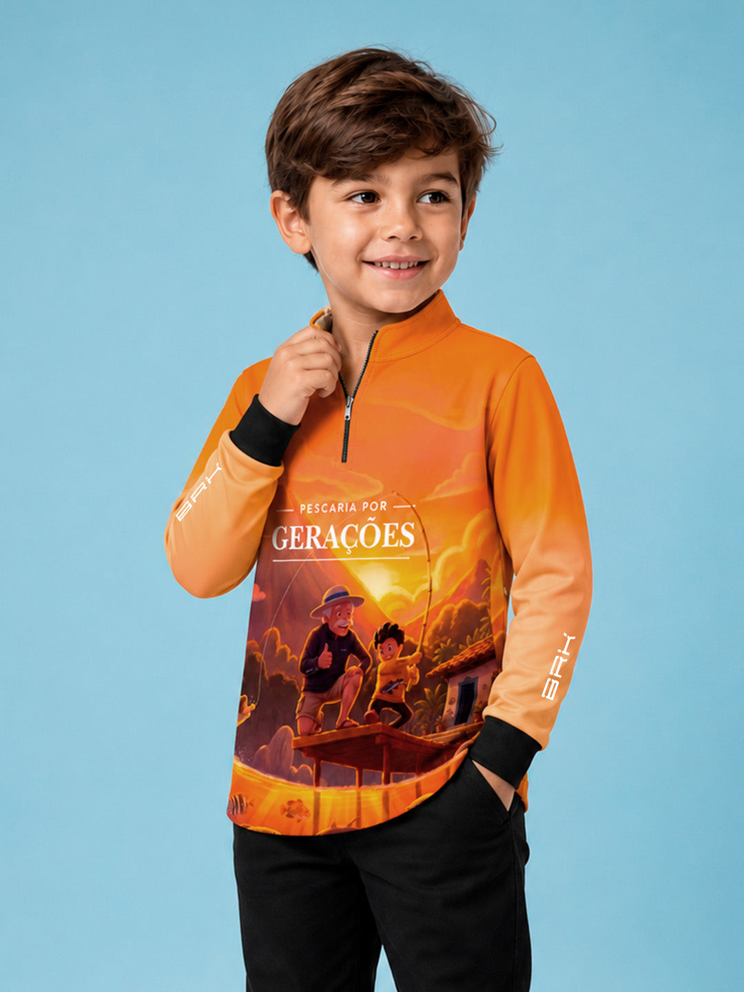 Camisa Infantil Pescaria por Gerações Laranja com Proteção UV50+