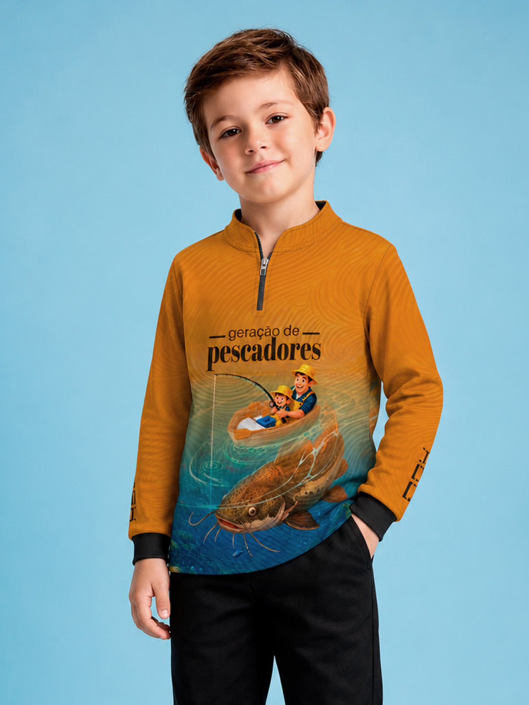 Camisa Infantil Geração de Pescadores Laranja com Proteção UV50+
