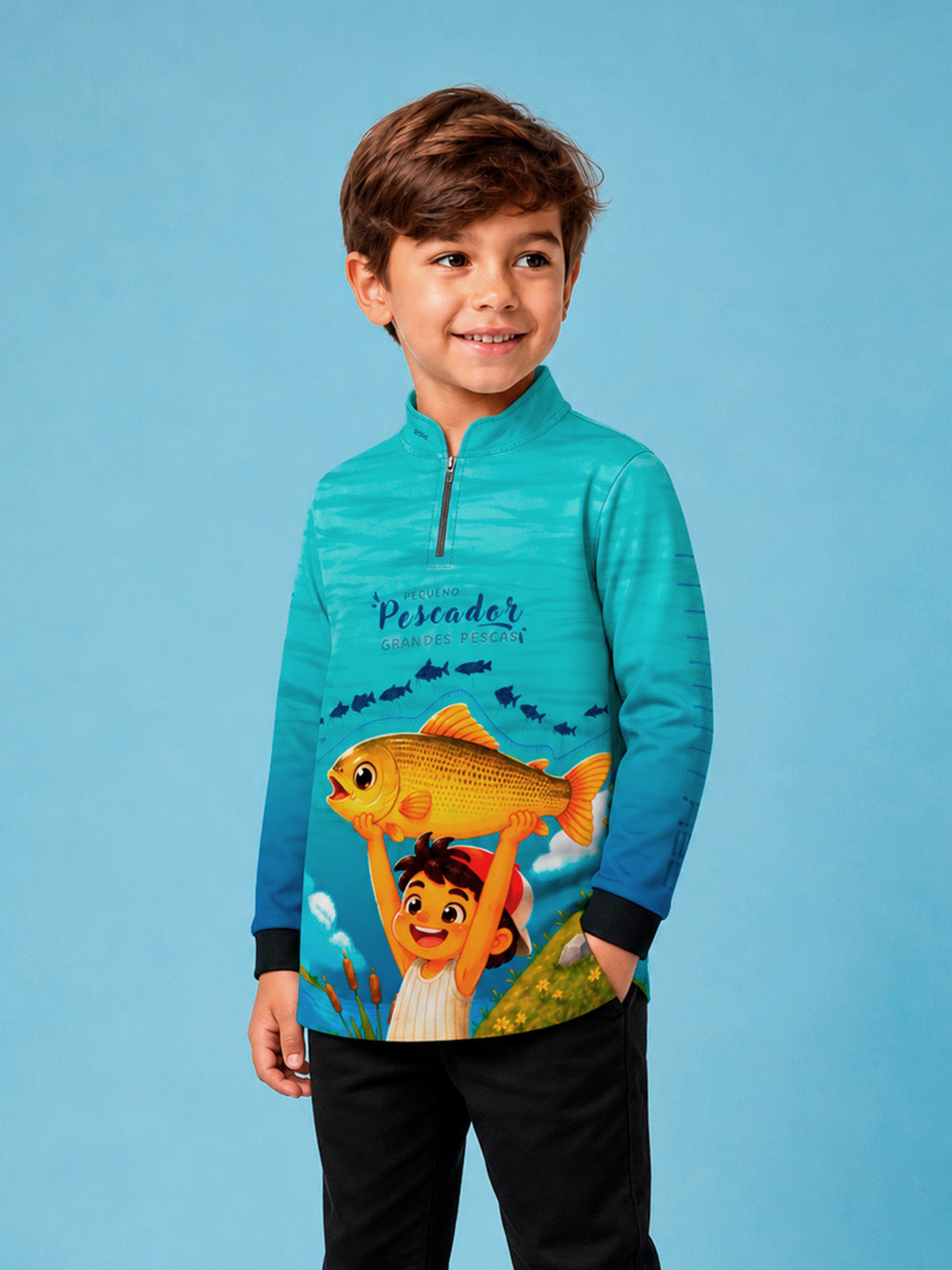Camisa Infantil Pequeno Pescador Grandes Pescas Degradê Azul com Proteção UV50+