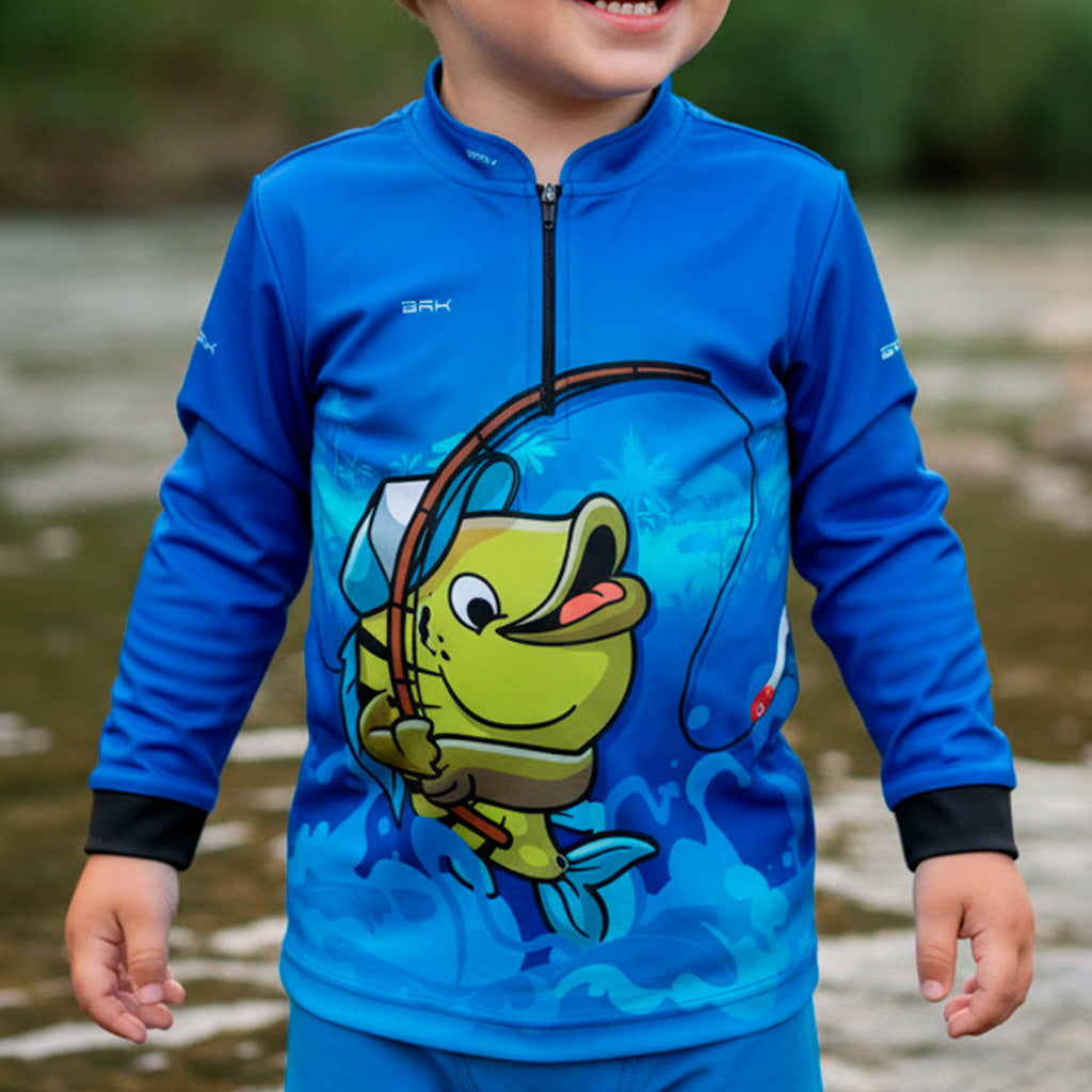 Camisa de Pesca Infantil Brk Tucunaré Azul com UV50 + Brk Fishing