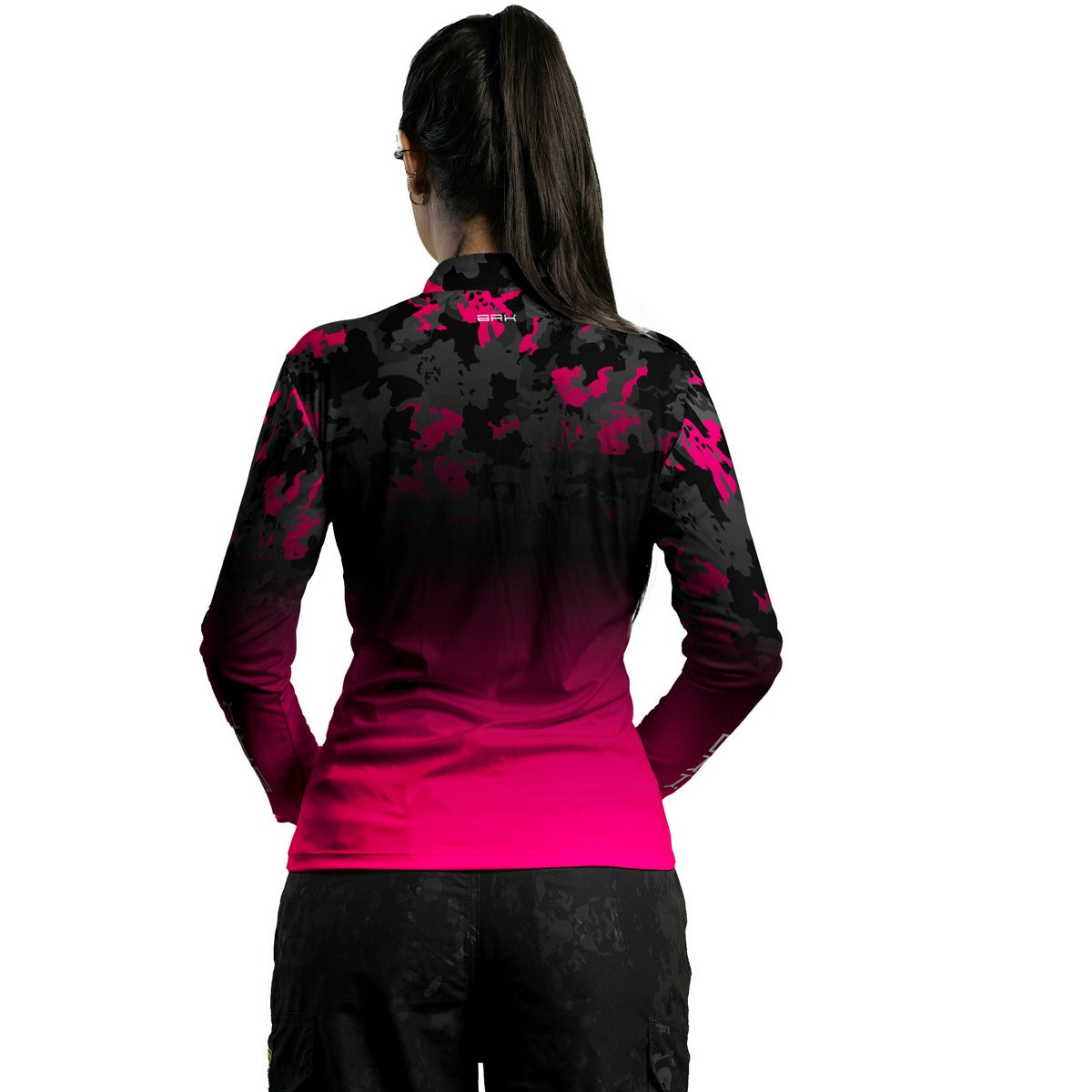 Camisa de Pesca Feminina Brk Preta e Rosa com Proteção Solar UV50+