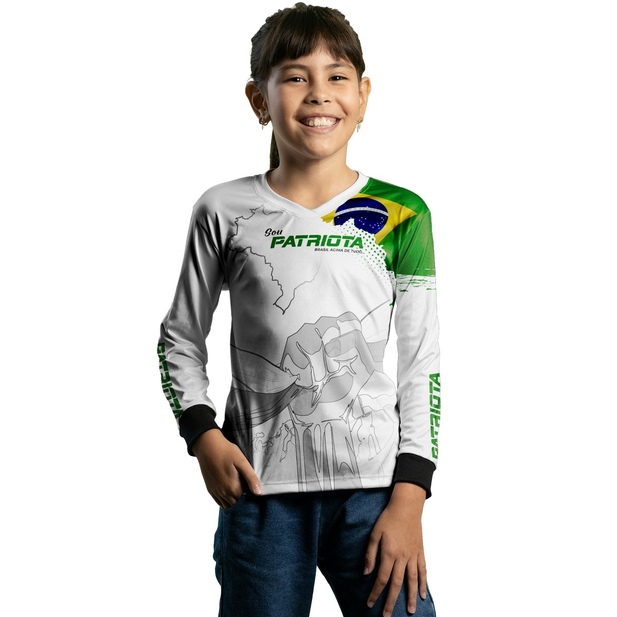 Camisa Agro Infantil Brk Básica Patriota Bandeira do Brasil Branca com Proteção UV50+ - Brk Fishing