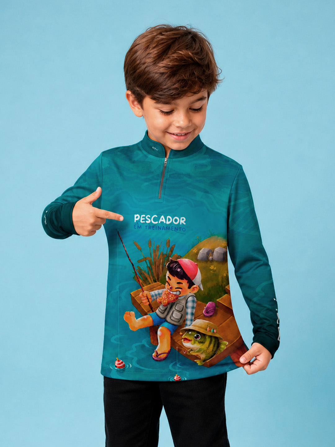 Camisa Infantil Pescador em Treinamento Azul Ciano com Proteção UV50+