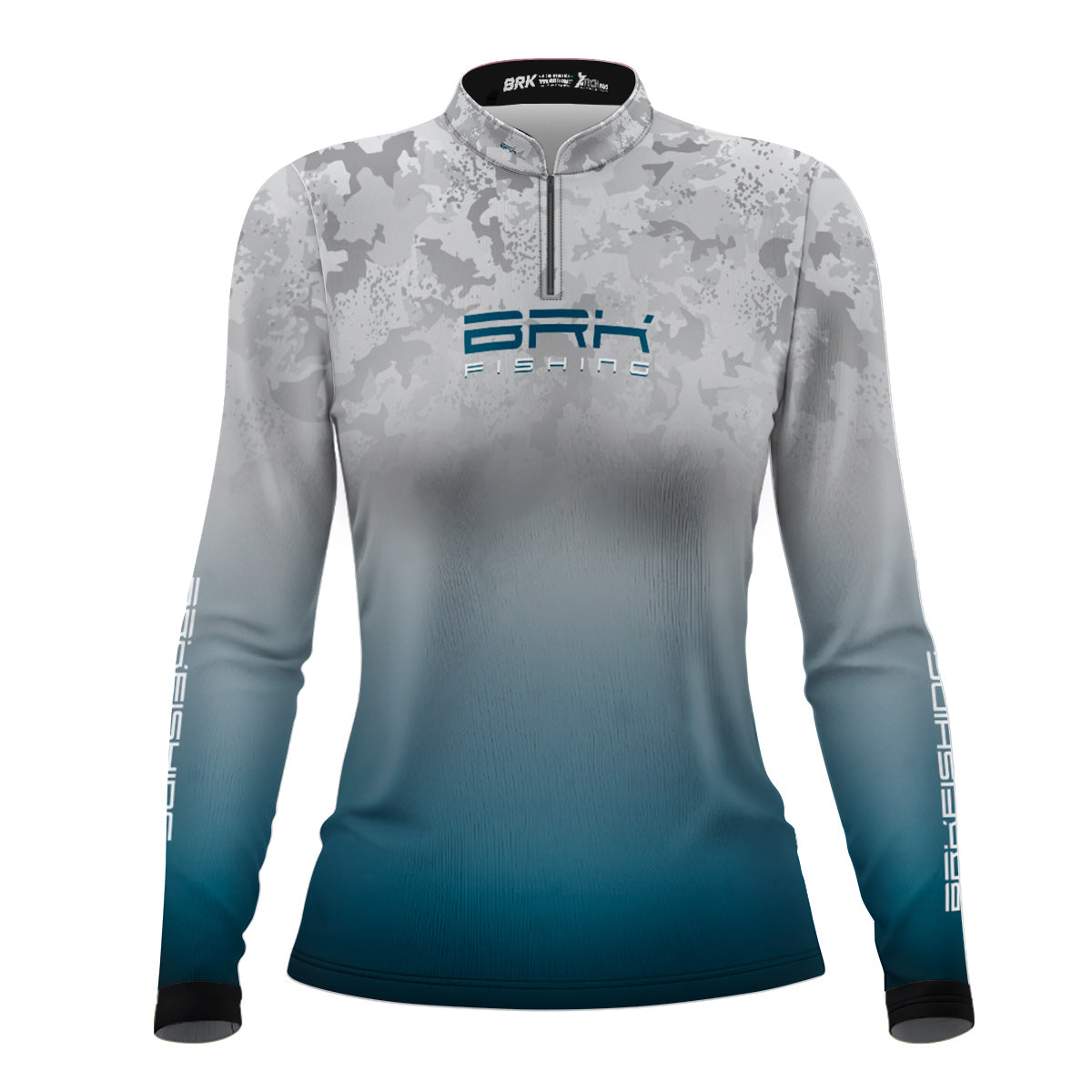 Camisa Feminina de Pesca Brk Cinza e Azul Camuflado com Proteção UV50+ t Brk Fishing