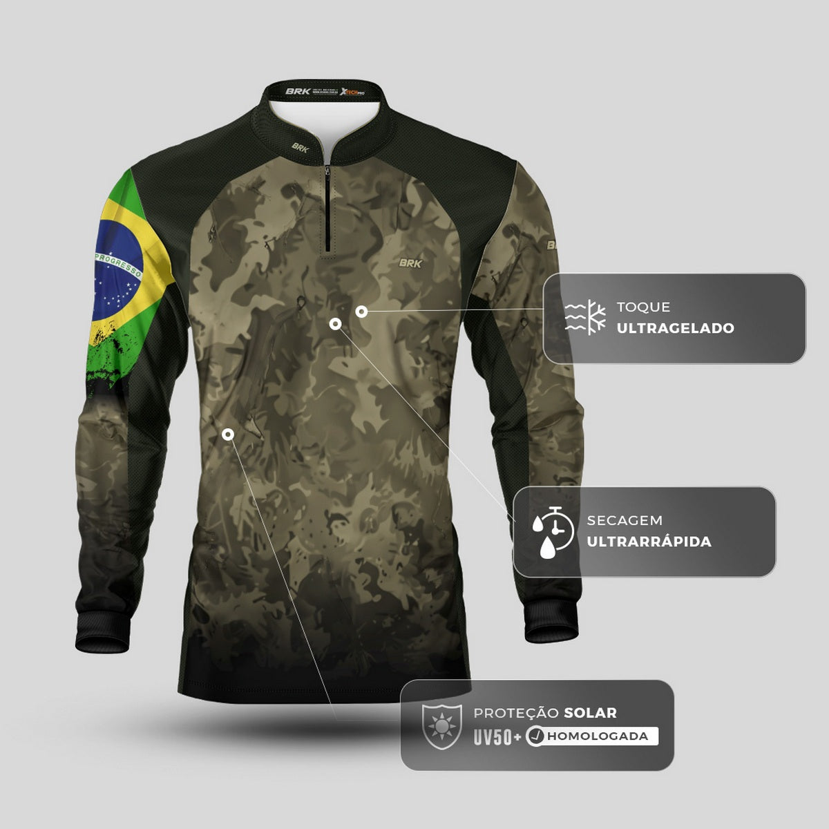 Camisa Agro Brk Camuflada Bandeira do Brasil com Proteção Solar UV50+ - Brk Fishing