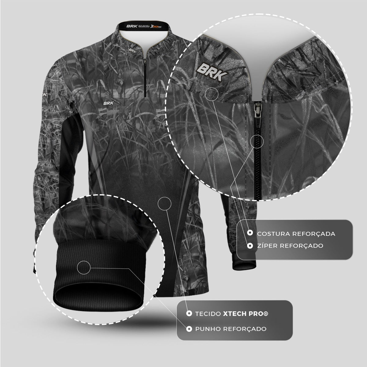 Camisa Agro Brk Camuflada Preto e Cinza com Proteção Solar UV50+ - Brk Fishing