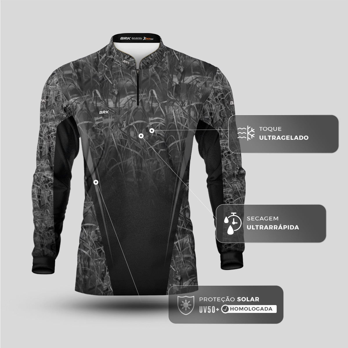 Camisa Agro Brk Camuflada Preto e Cinza com Proteção Solar UV50+ - Brk Fishing