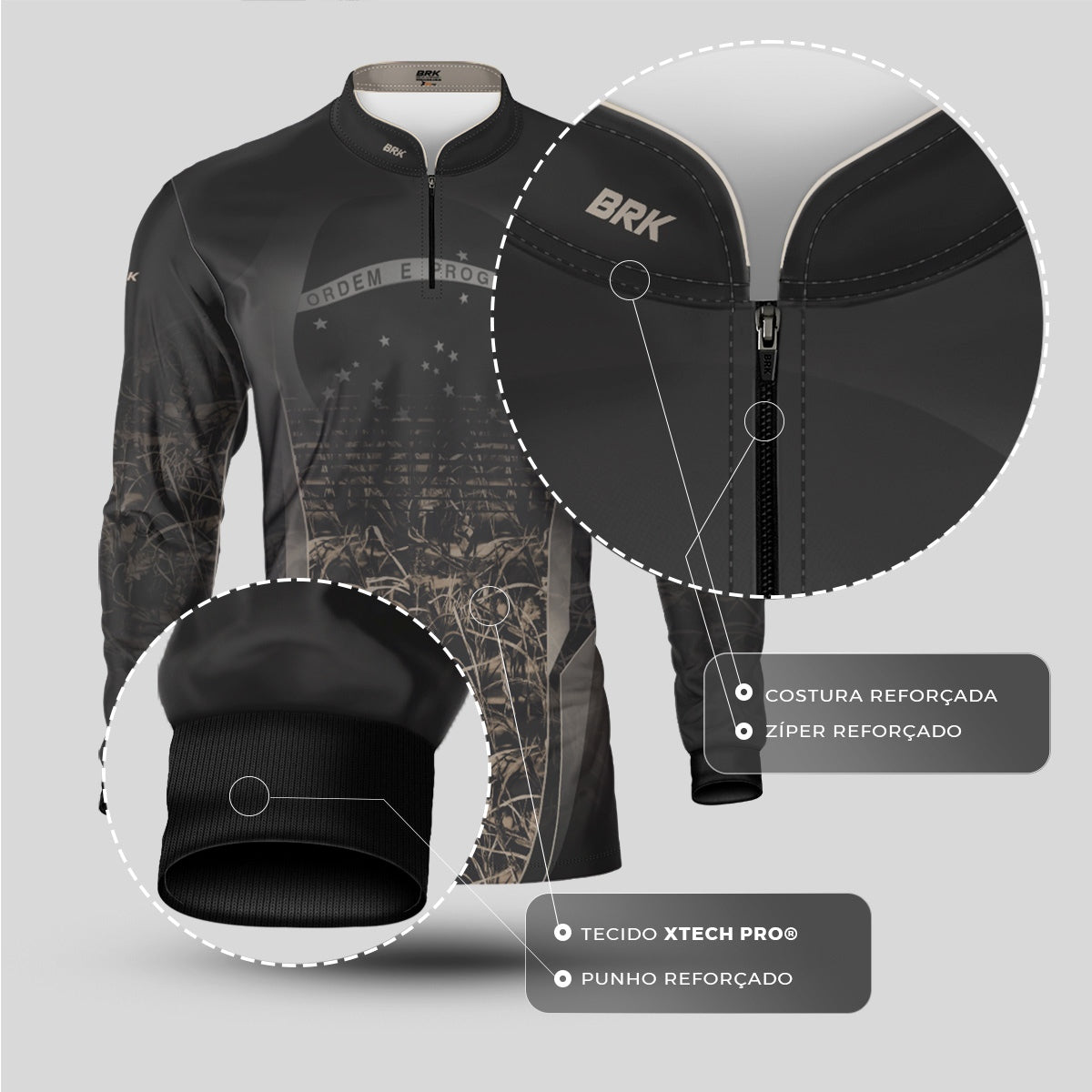 Camisa Agro Brk Camuflada Cinza com Bandeira do Brasil com Proteção Solar UV50+ - Brk Fishing