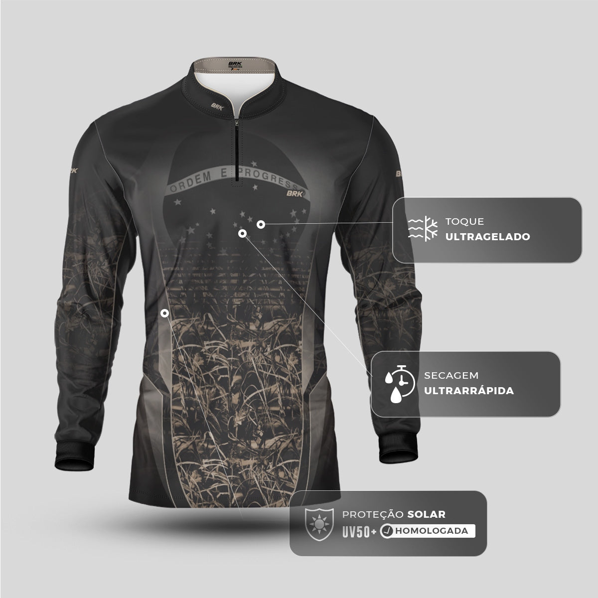 Camisa Agro Brk Camuflada Cinza com Bandeira do Brasil com Proteção Solar UV50+ - Brk Fishing