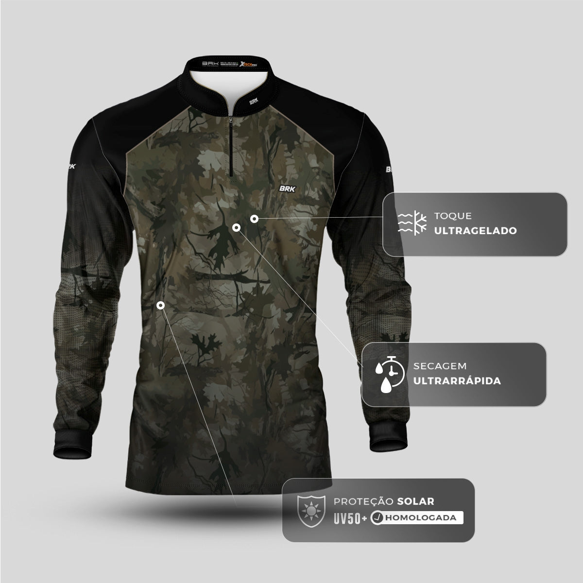 Camisa Agro Brk Camuflada Verde Folhas com Proteção Solar UV50+ - Brk Fishing