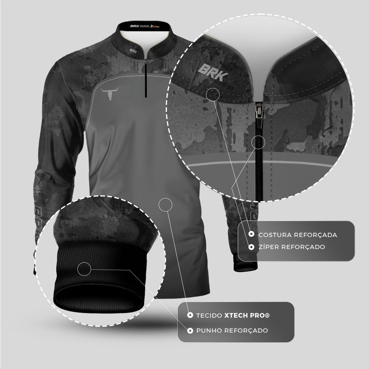 Camisa Agro Brk Camo Long Horn Brasil Cinza com Proteção Solar UV50+ - Brk Fishing