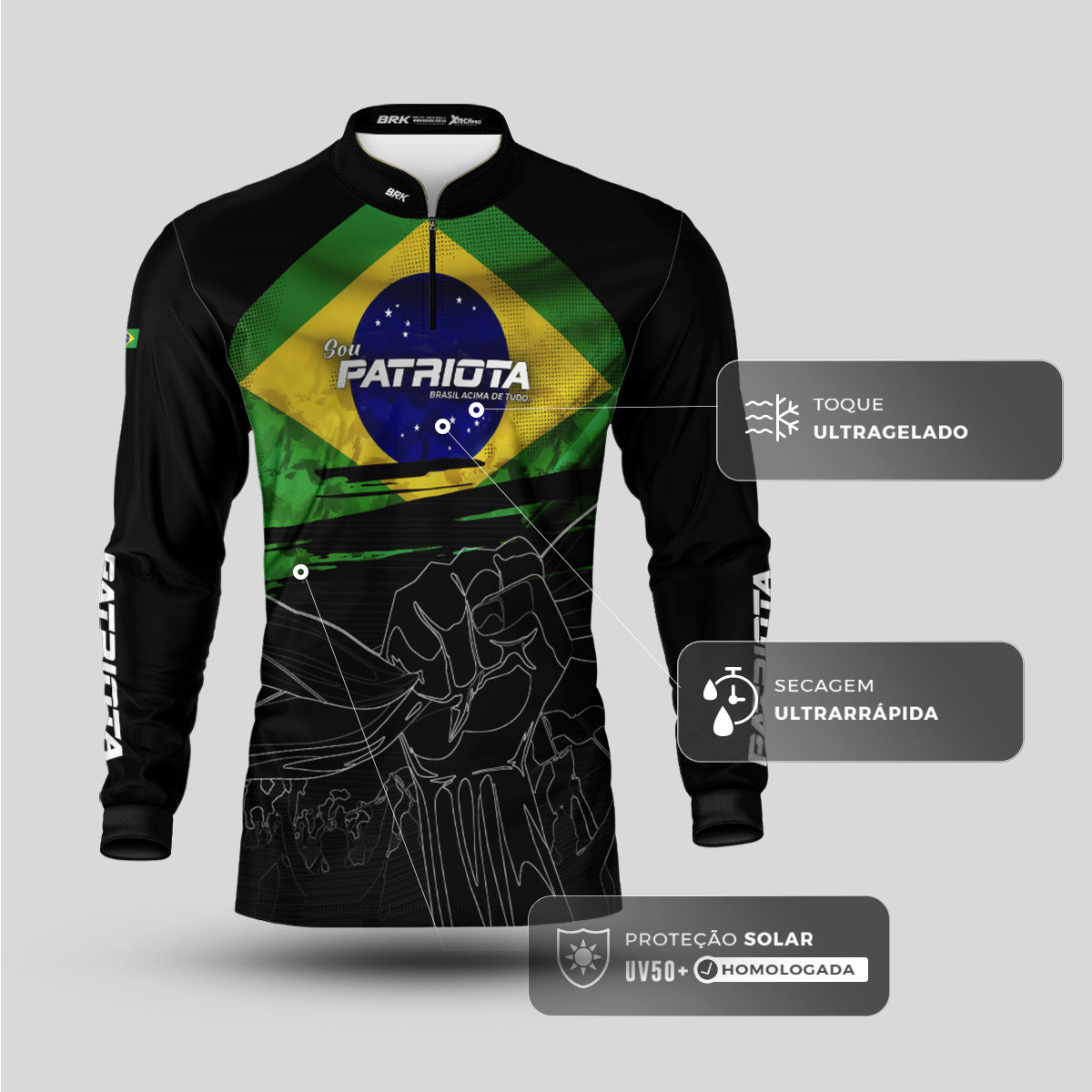 Camisa Agro Brk Básica Patriota Preta Bandeira do Brasil com Proteção UV50+ - Brk Fishing