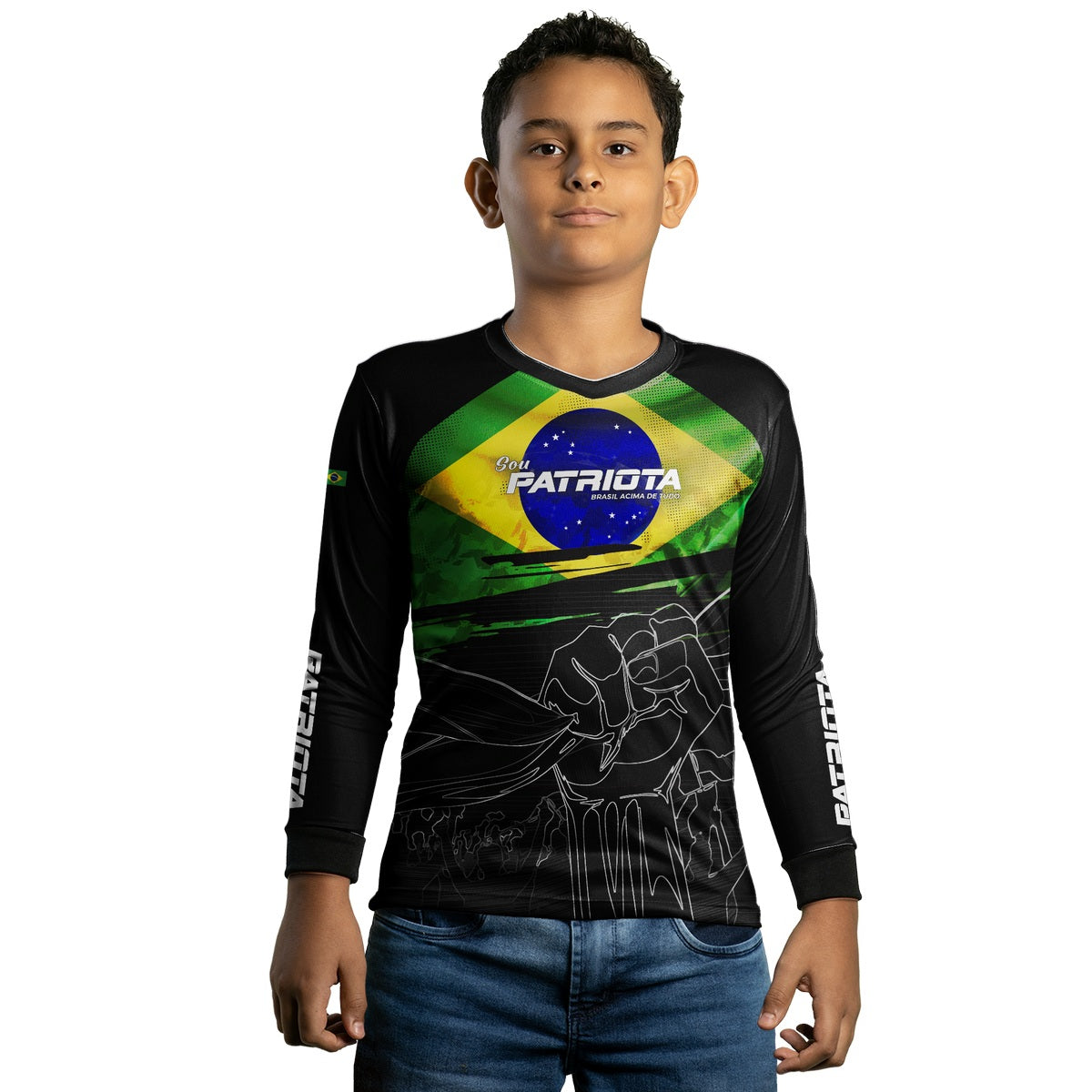 Camisa Agro Infantil Brk Básica Patriota Preta Bandeira do Brasil com Proteção UV50+ - Brk Fishing