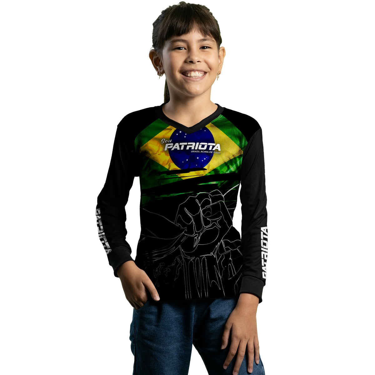 Camisa Agro Infantil Brk Básica Patriota Preta Bandeira do Brasil com Proteção UV50+ - Brk Fishing
