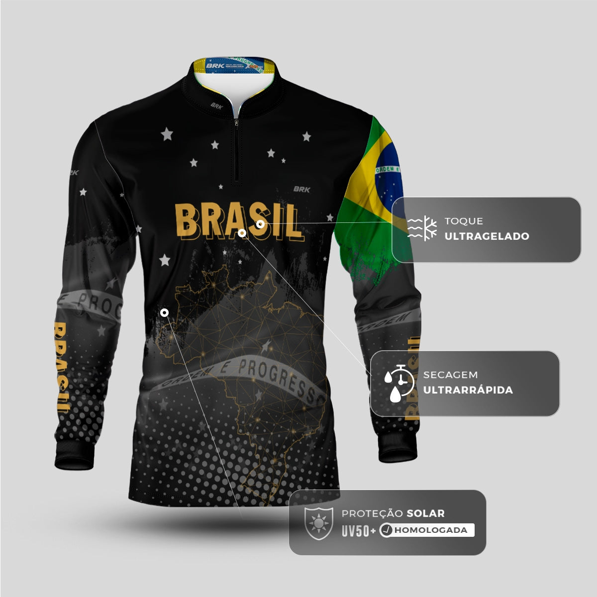Camisa Agro Brk Brasil Preta com Proteção Solar UV50+ - Brk Fishing