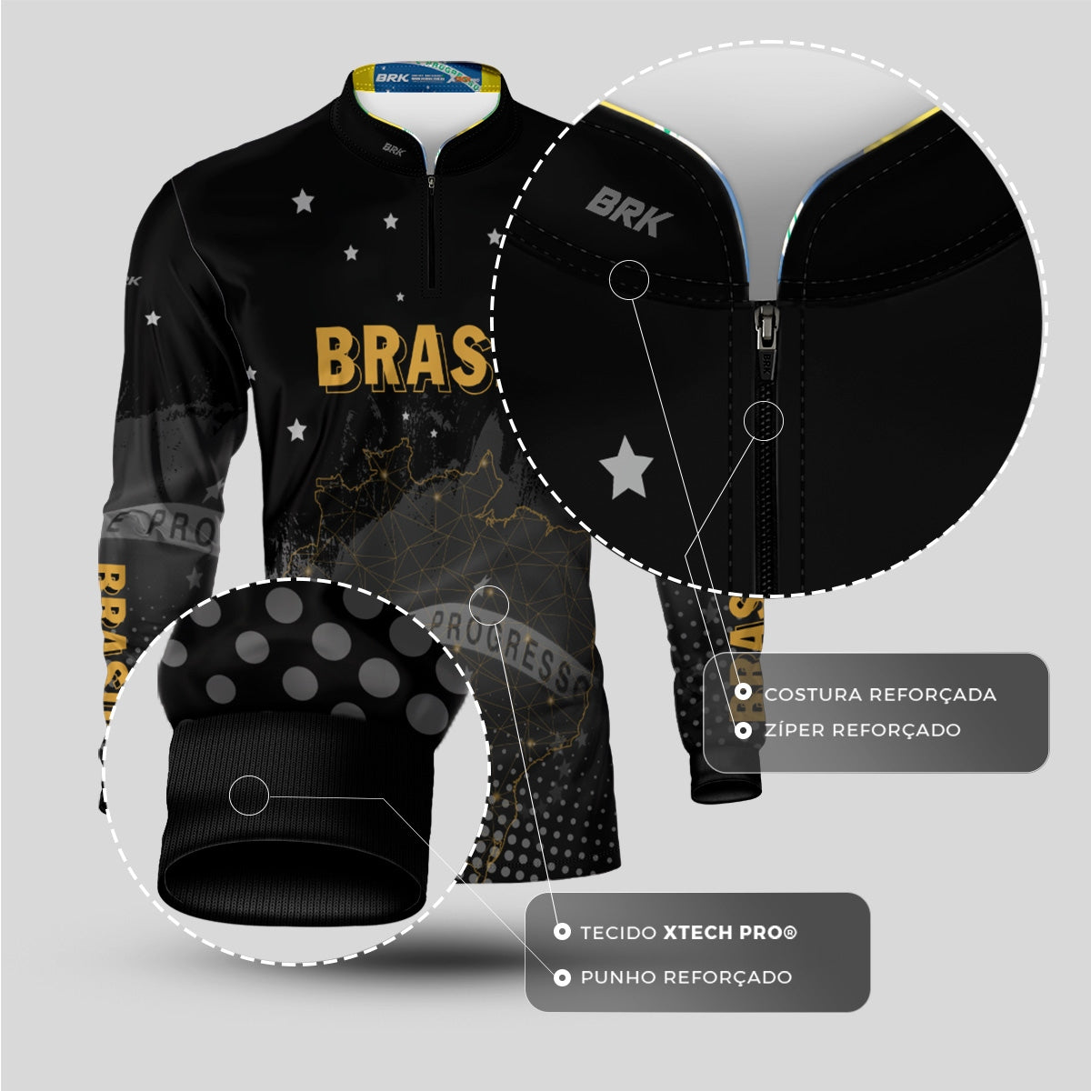 Camisa Brk Brasil Preta com Proteção Solar UV50+ Brk Fishing
