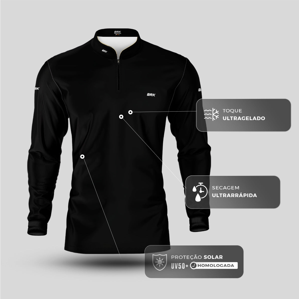 Camisa Brk Manga Longa Preta com Proteção Solar UV50+ Envio Imediato Brk Fishing