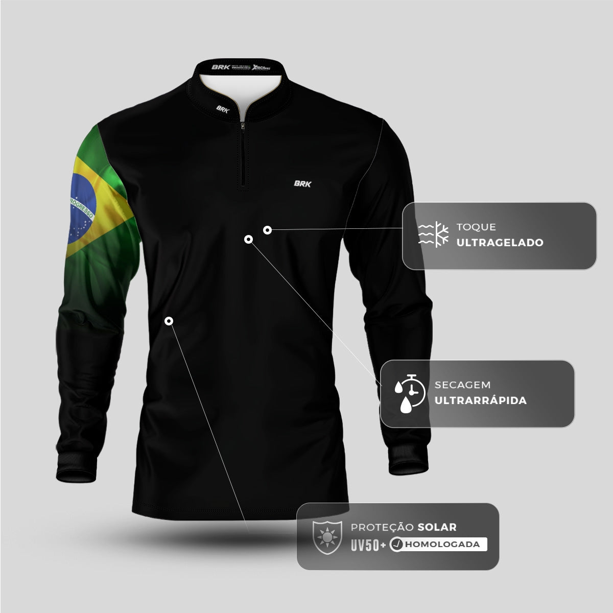 Camisa de Motociclismo Brk Preta Bandeira do Brasil com Proteção Solar UV50+ - Brk Fishing