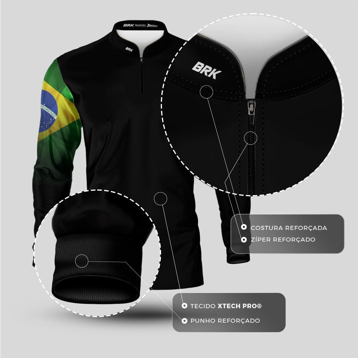 Camisa de Motociclismo Brk Preta Bandeira do Brasil com Proteção Solar UV50+ - Brk Fishing
