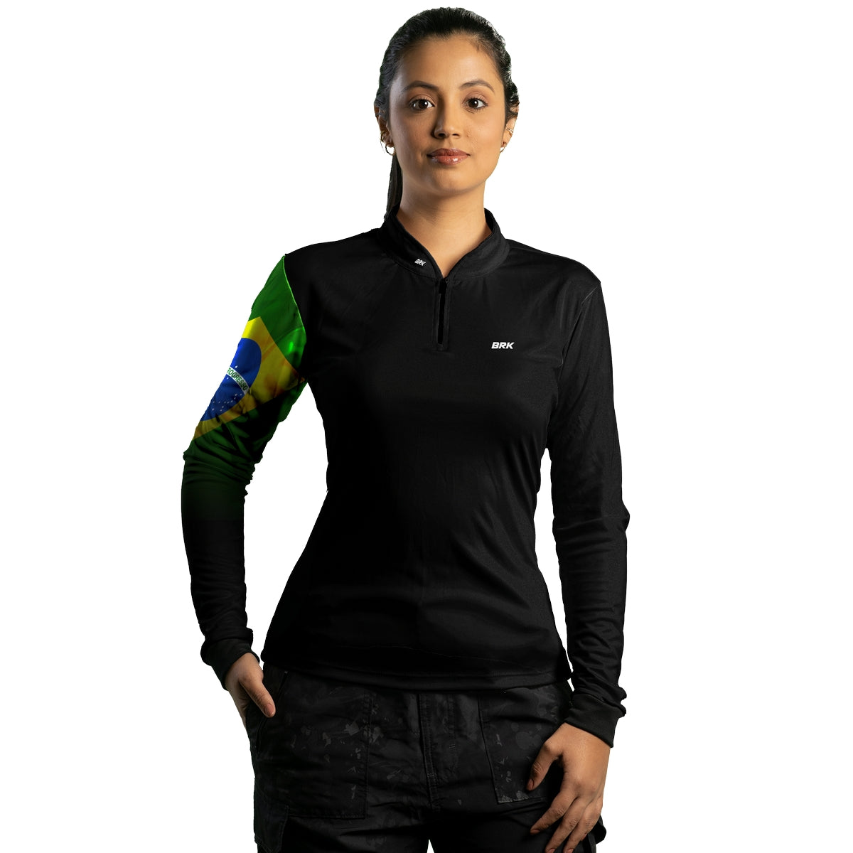 Camisa Feminina Brk Preta Bandeira do Brasil com Proteção Solar UV50 Envio Imediato - Brk Fishing