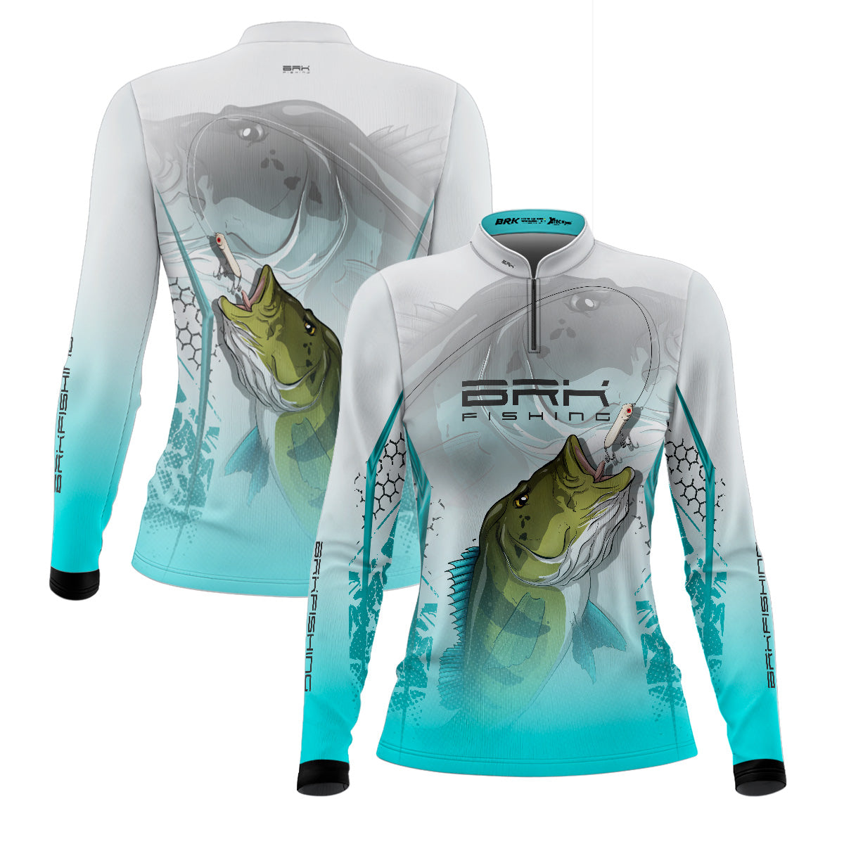 Camisa de Pesca Feminina Brk Tucunaré Branca e Azul com Proteção UV50 Brk Fishing