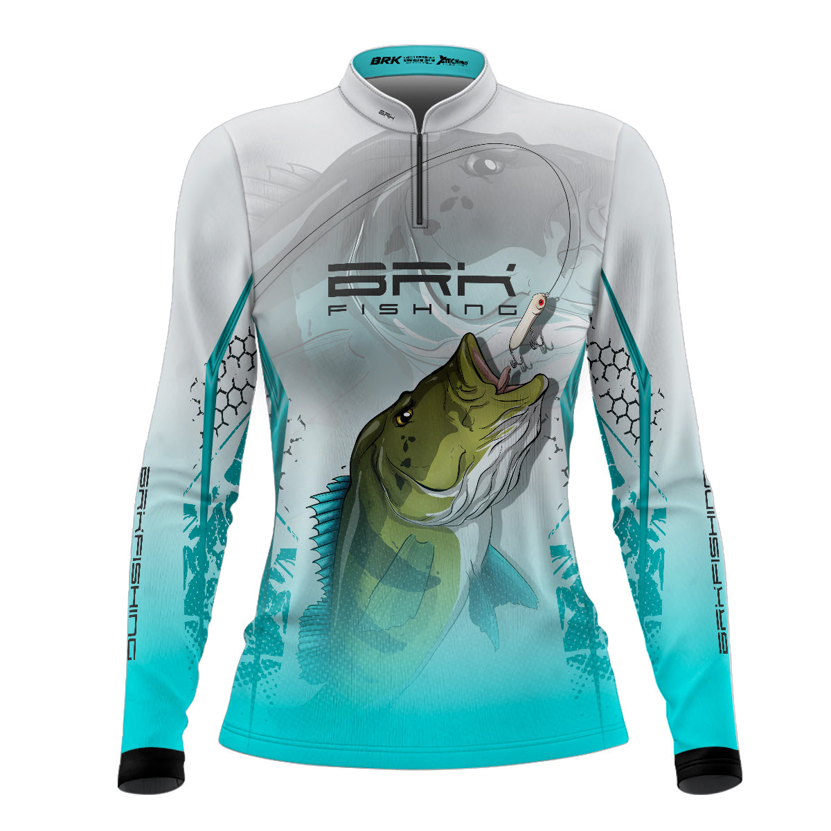 Camisa de Pesca Feminina Brk Tucunaré Branca e Azul com Proteção UV50 Brk Fishing