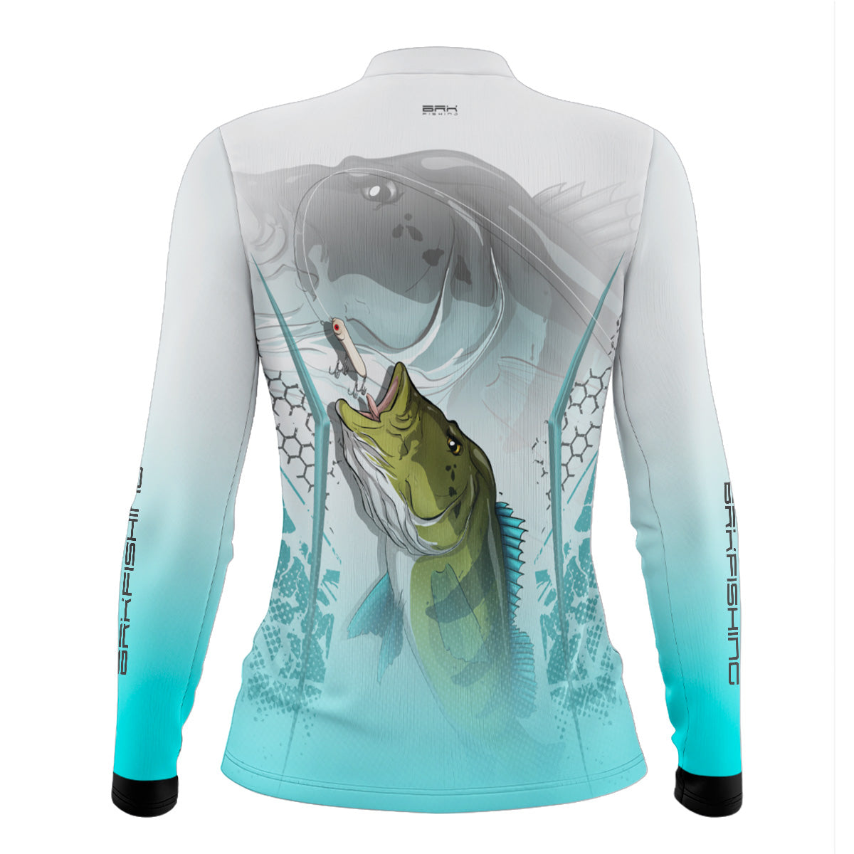 Camisa de Pesca Feminina Brk Tucunaré Branca e Azul com Proteção UV50 Brk Fishing