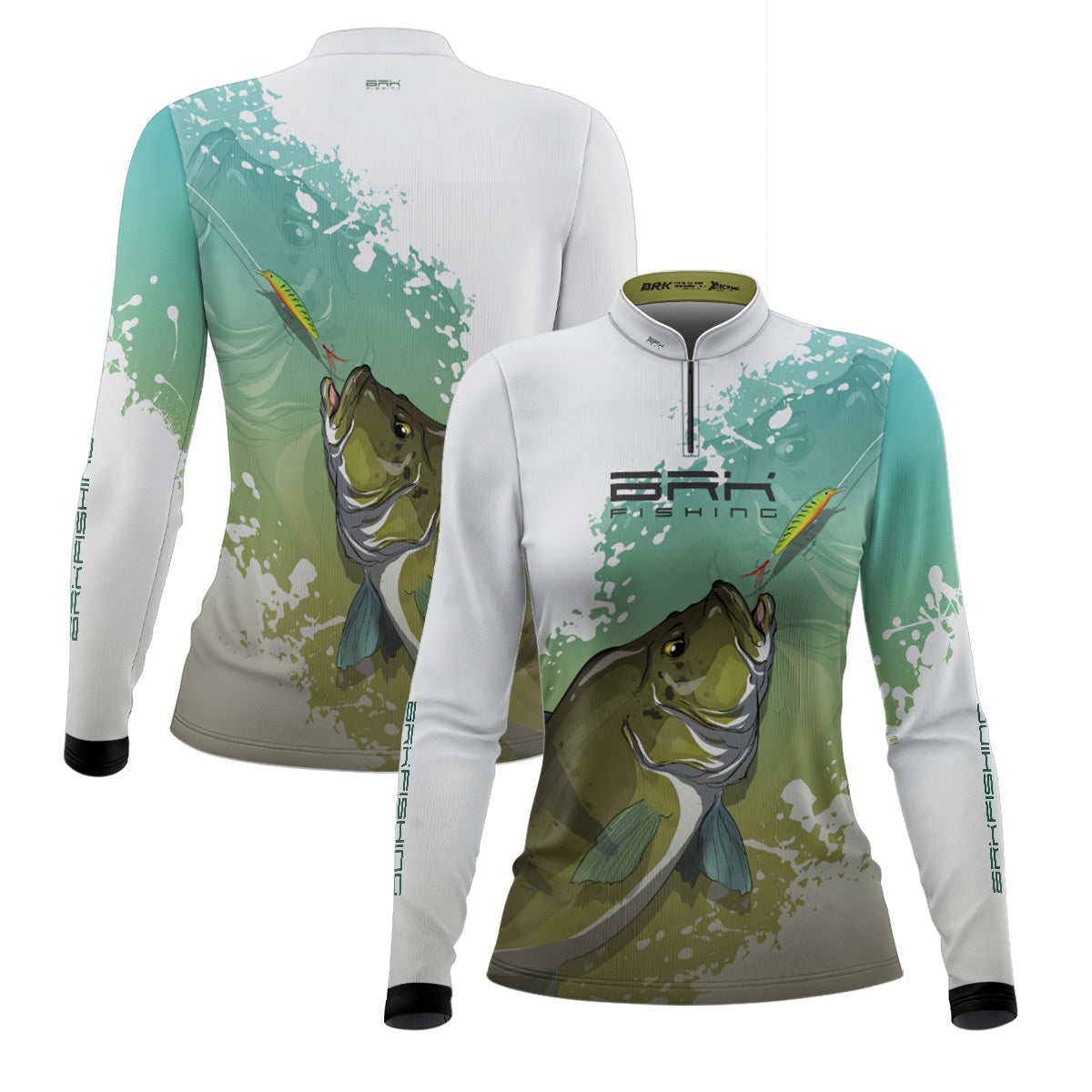 Camisa de Pesca Feminina Brk Tucunaré Verde e Branca com Proteção UV50 Brk Fishing