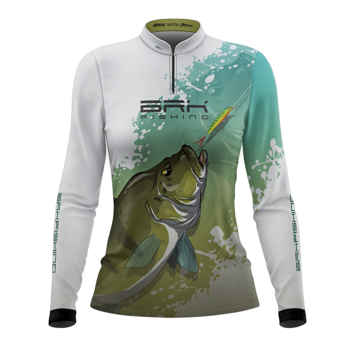 Camisa de Pesca Feminina Brk Tucunaré Verde e Branca com Proteção UV50 Brk Fishing